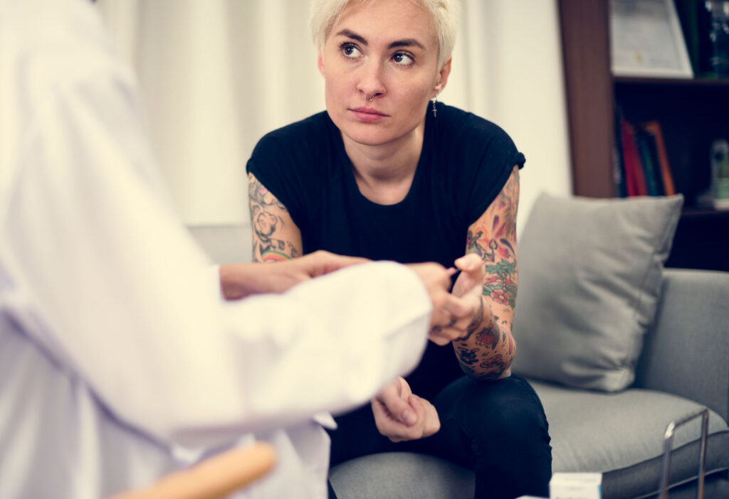 depressed woman having a counselling session.