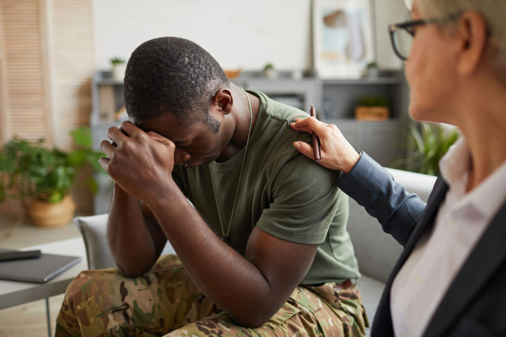 Soldier suffering from grief and PTSD.